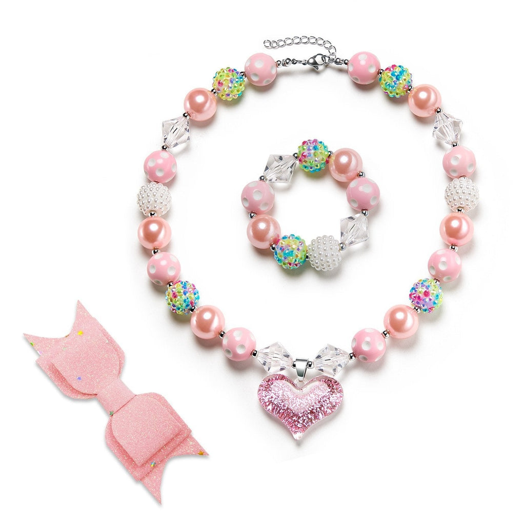 [Australia] - vcmart Girls Gilitter Heart Chunky Bubblegum Bead Necklace & Bracelet Set Fashion Jewelry Pendant with Gift Box Set C -Pink Set & Hairpin 