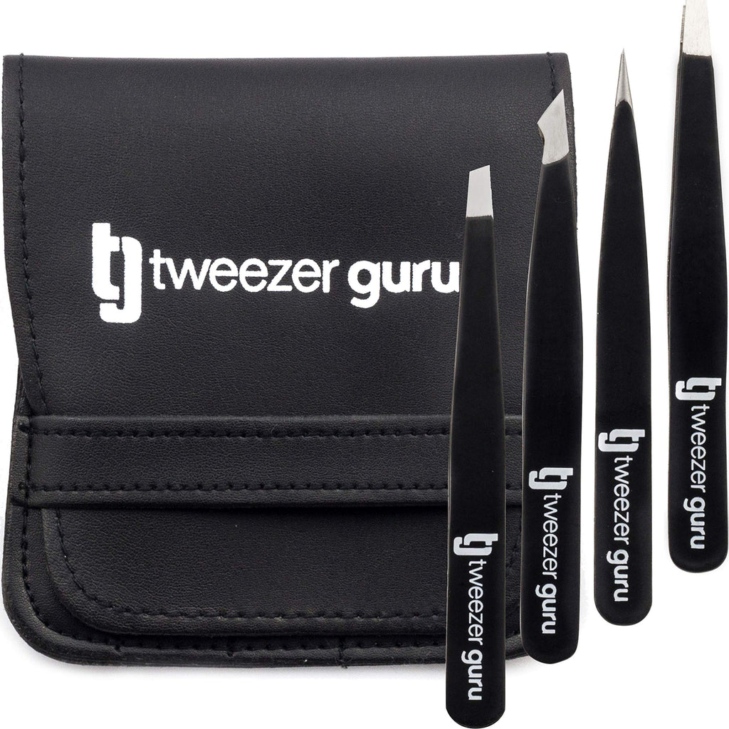 [Australia] - Tweezer Guru 4-piece Tweezers Set - Stainless Steel Slant Tip and Pointed Eyebrow Tweezer Gift Set - Great Precision for Facial Hair, Splinter and Ingrown Hair Removal (Black) 4-Pack 