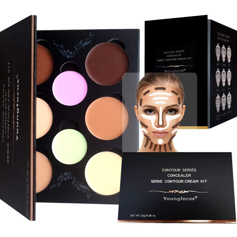 [Australia] - Youngfocus Cosmetics Cream Contour Best 8 Colors and Highlighting Makeup Kit - Contouring Foundation/Concealer Palette - Vegan, Cruelty Free & Hypoallergenic - Step-by-Step Instructions Included 