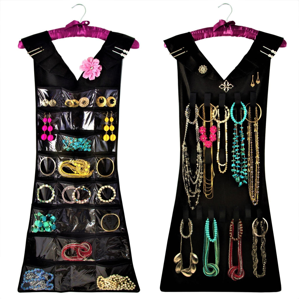 [Australia] - My Little Dress Hanging Jewelry Organizer with Satin Hanger, New & Improved, Closet Storage, 2 sided for Jewelry, Hair Accessories & Makeup (1-Black Dress & Pink Satin Hanger, 24 pockets 17 loops) Jet Black 