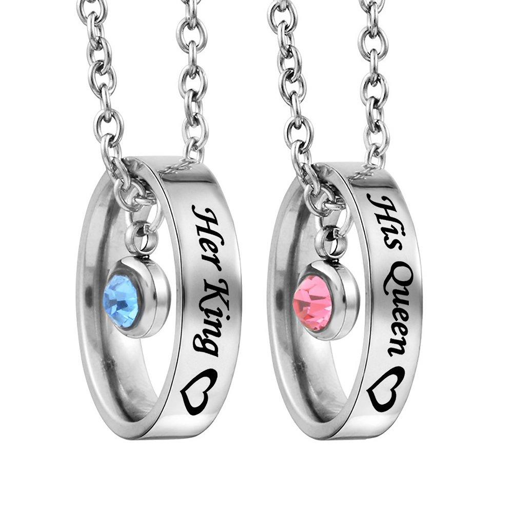 [Australia] - MJartoria Matching Necklaces for Couples, His and Hers Engraved Rhinestone Ring Pendant Set Gifts for Boyfriend Girlfriend Her King His Queen-silver 