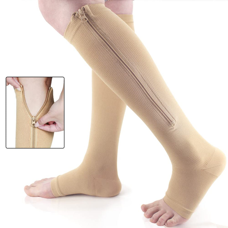 [Australia] - Ailaka Zipper Compression Socks 15-20 mmHg for Women & Men, Knee High Open Toe Varicose Veins Hosiery for Edema, Swollen Large/X-Large (Pack of 1) Beige 