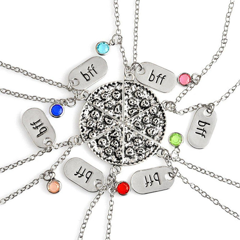 [Australia] - Best Friend Pizza Pendant Necklace with Crystal Charm BFF Friendship Necklace Set for Friends Gift Unisex A set of 6 (Crystal pendant) 