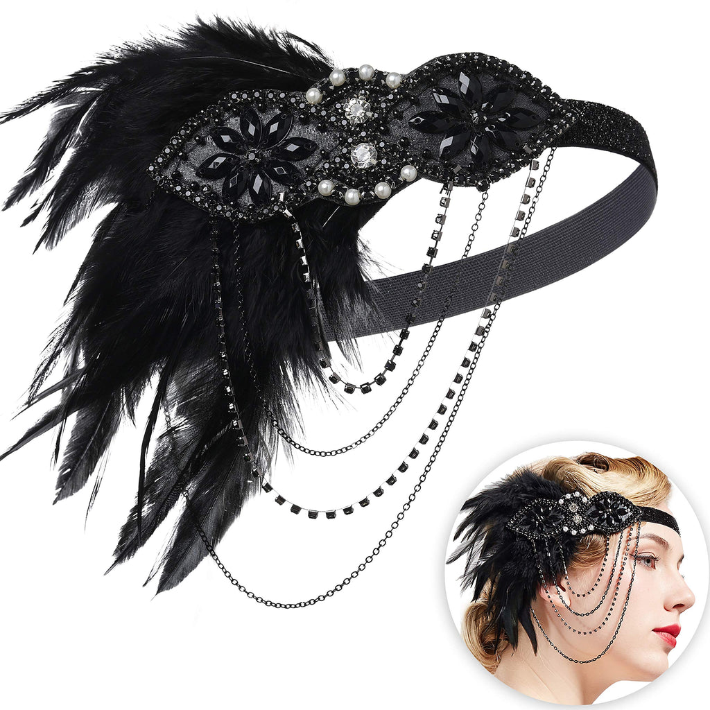[Australia] - BABEYOND 1920s Flapper Headband 20s Great Gatsby Headpiece Black Feather Headband 1920s Flapper Gatsby Hair Accessories (Black) 