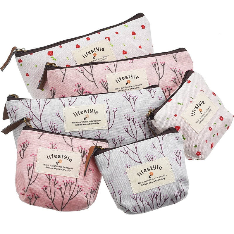 [Australia] - TecUnite 6 Pieces Pencil Bag Pen Case Flower Floral Canvas Pencil Pen Case Multi-functional Cosmetic Makeup Bag Set Coin Purse 