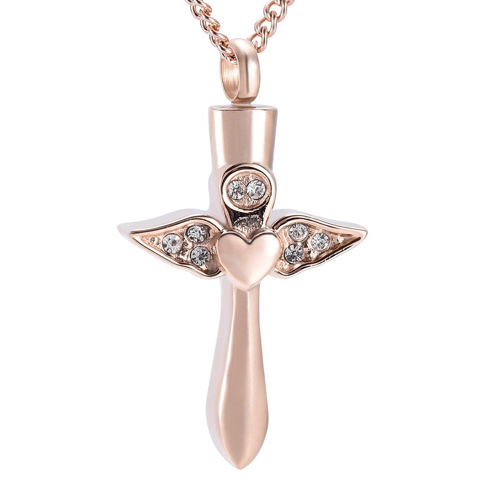 [Australia] - Yinplsmemory Stainless Steel Angel Wings Heart Cross Urn Pendant Necklace Memorial Ash Keepsake Cremation Jewelry Rose gold 