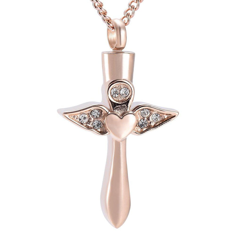 [Australia] - Yinplsmemory Stainless Steel Angel Wings Heart Cross Urn Pendant Necklace Memorial Ash Keepsake Cremation Jewelry Rose gold 