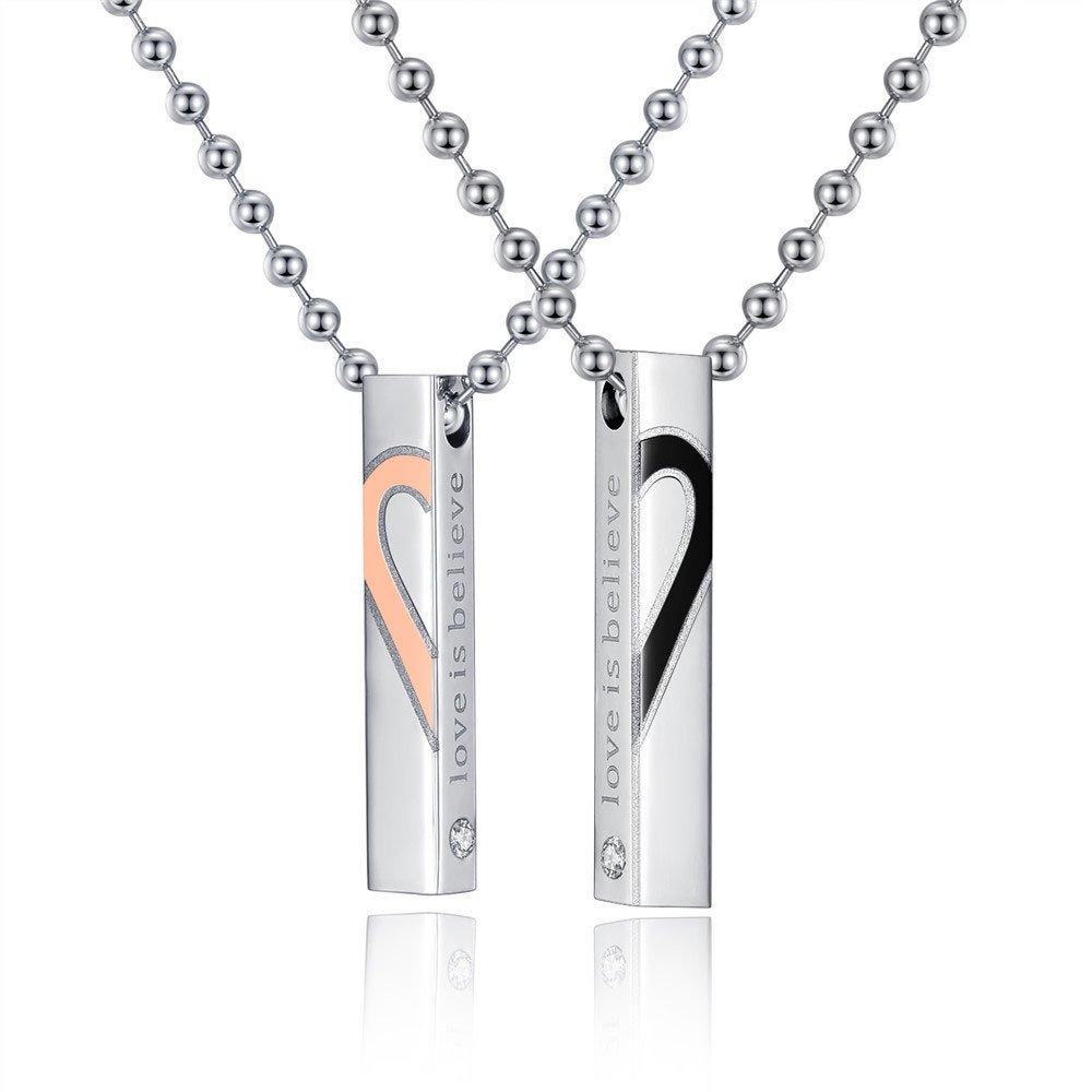 [Australia] - Uloveido Titanium Square Vertical Bar Pendant Chain Mathing Initial Necklace for Couples Engraved Love is Believe, Birthday Gift Ideas for Him and Her KS797 