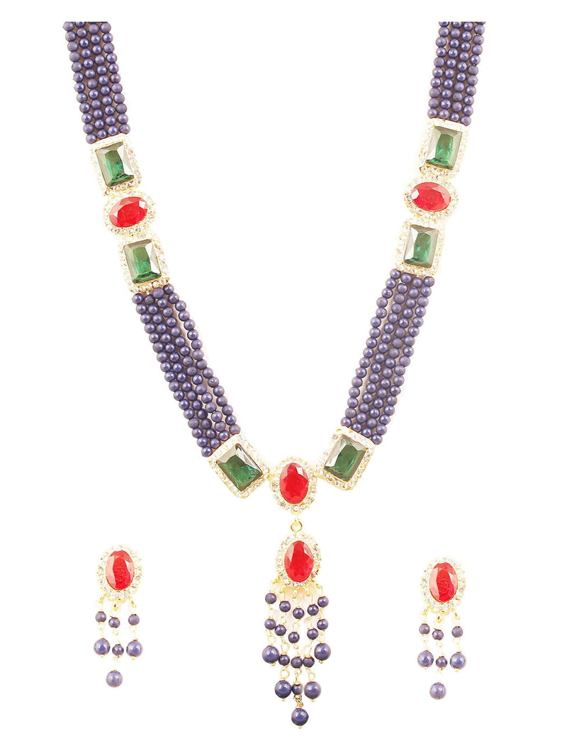 [Australia] - NEW! Touchstone"Rani Haar Collection" long multi layer Indian Bollywood Pretty Studded Indian Style Clear Rhinestone Faux Ruby Faux Emerald And Beautiful Blue Beads Long Designer Jewelry Necklace Set 