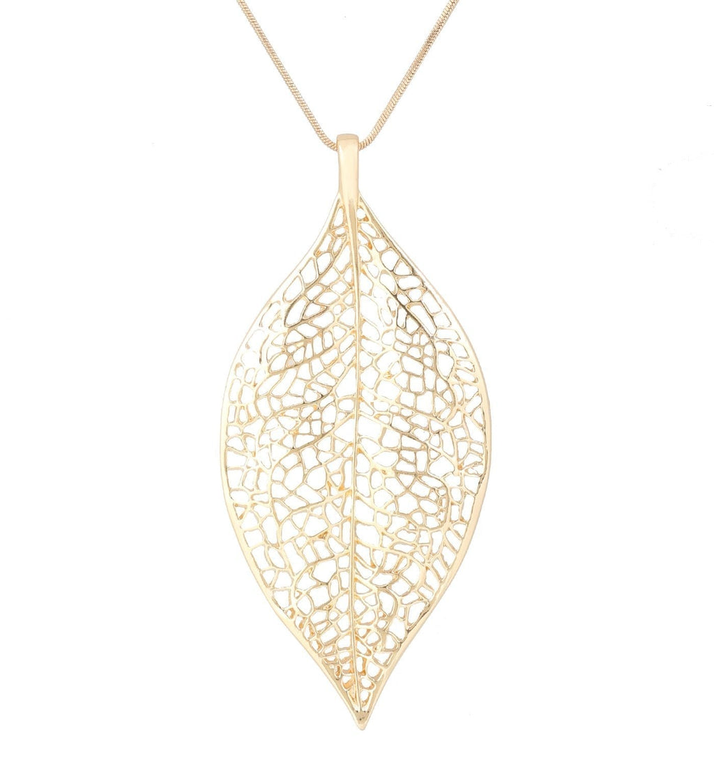 [Australia] - NLCAC Filigree Leaf Pedant Necklace Snake Chain Gorgeous Hollow Leaf Necklace for Women, Girls Gold Tone 