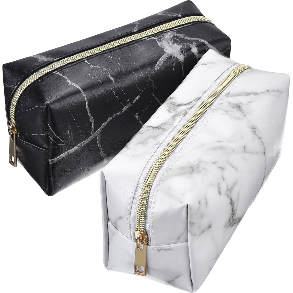 [Australia] - 2 Pieces Cosmetic Toiletry Makeup Bag Pouch Gold Zipper Storage Bag Marble Pattern Portable Makeup Brushes Bag (S, White and Black) Small 