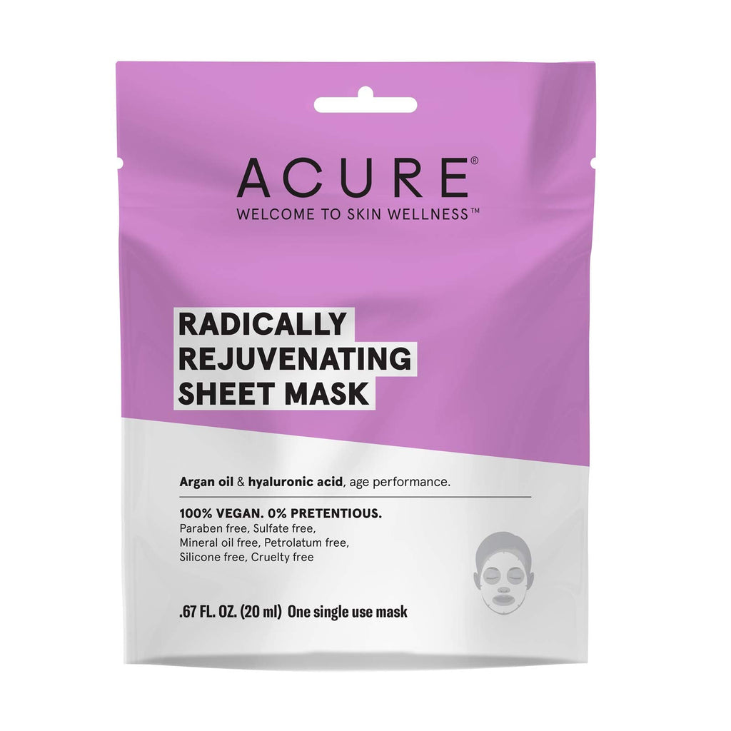 [Australia] - Acure Radically Rejuvenating Sheet Mask, 100% Vegan, Provides Anti-Aging Support, Argan Oil & Hyaluronic Acid - Hydrates & Nourishes, 1 Count, 0.67 Fl Oz 