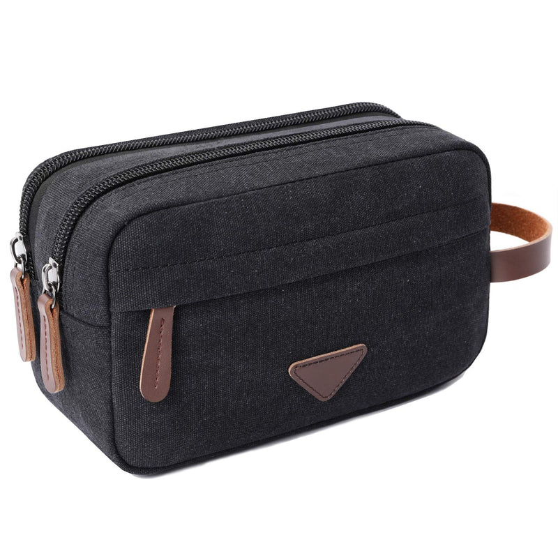 [Australia] - Mens Travel Toiletry Bag Canvas Leather Cosmetic Makeup Organizer Shaving Dopp Kits with Double Compartments (Black) Black 