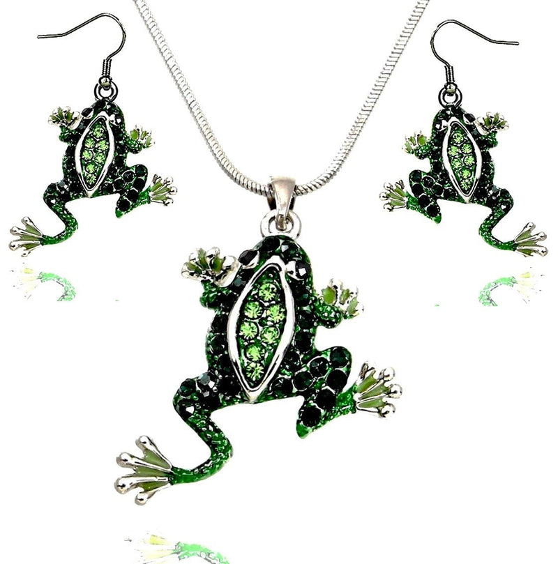 [Australia] - DianaL Boutique Beautiful Emerald Green Frog Pendant Necklace and Earrings Set 21" Chain 