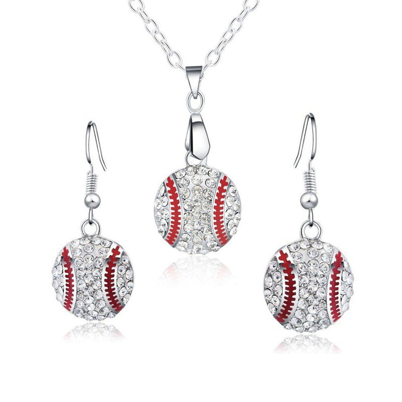 [Australia] - Feximzl Baseball Pendant Necklace & Dangle Earrings Jewelry Set Sport Clear Crystal Fashion Jewelry (Silver Earrings+Necklace) Silver Earrings+necklace 