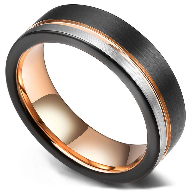 [Australia] - King Will LOOP Tungsten Carbide Wedding Band 6mm/8mm Rose Gold Line Ring Black and Silver Brushed Comfort Fit 5 