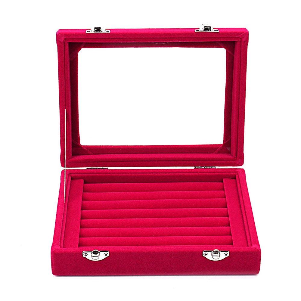 [Australia] - LANTWOO Velvet Glass Jewelry Display Storage Box Ring Earrings Jewelry Box Ring Holder Case, 2 Clasps Red 