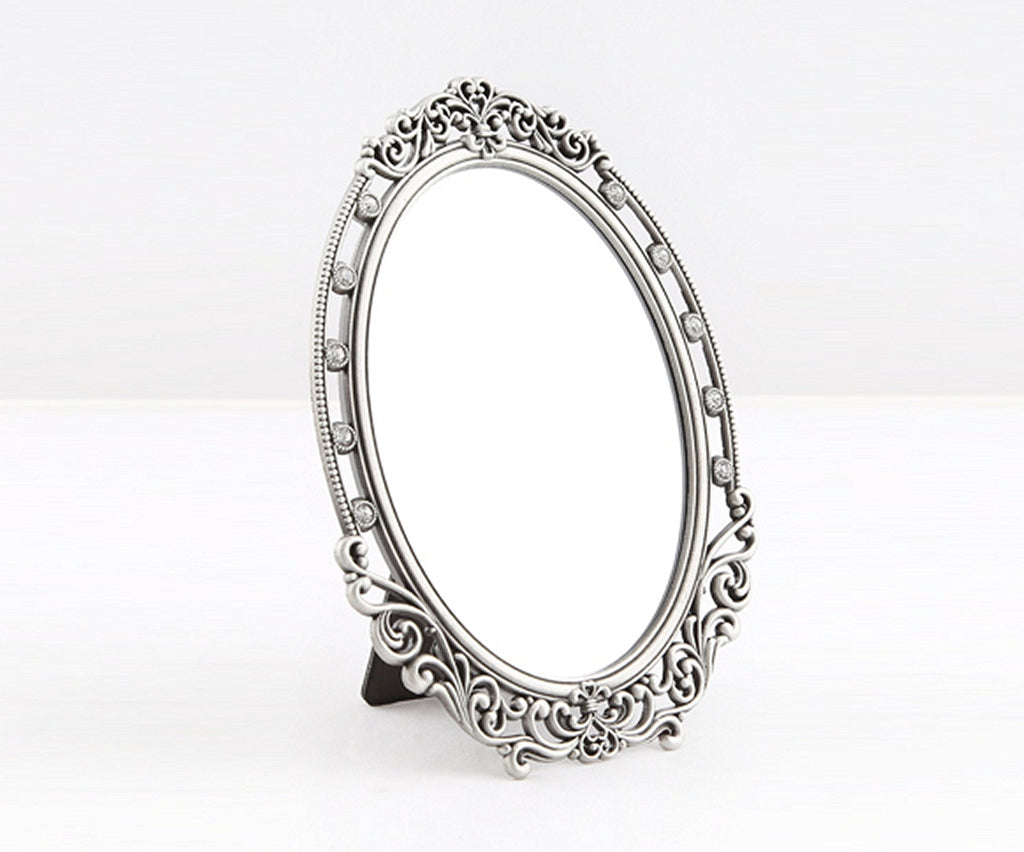 [Australia] - SEHAMANO Vintage Oval Frame Makeup Metal Mirror with Crystal, Decorative Back Stand Travel Mirror (Tin (Grey)) Tin (Grey) 