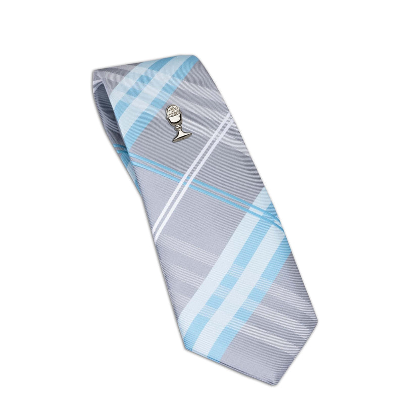 [Australia] - Boys First Communion Tie and Chalice Tie Pin in Silver-Tone, 45-inch Aqua Plaid Tie 