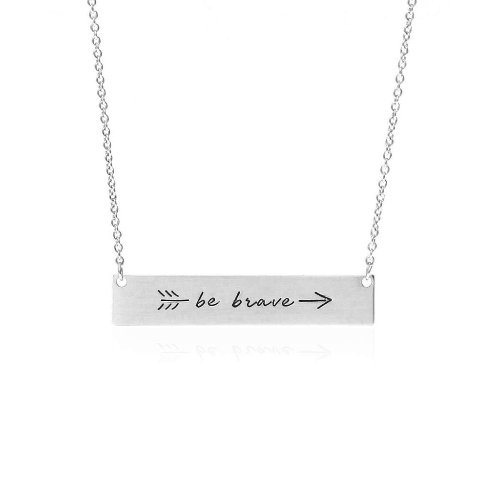 [Australia] - Inspirational Positive Message Pendant Simple Bar Necklace - Engraved Lettering Plate Delicate Chain Be Brave, Follow Your Heart, Love, Dream Valentine's Be Brave - Silver 