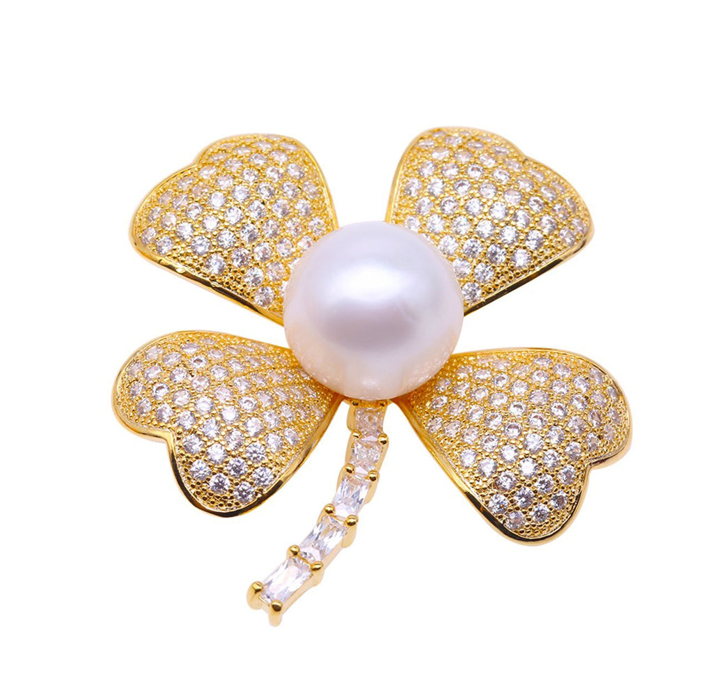 [Australia] - JYX Clover Brooch 13mm White Freshwater Pearl Brooch Pin 