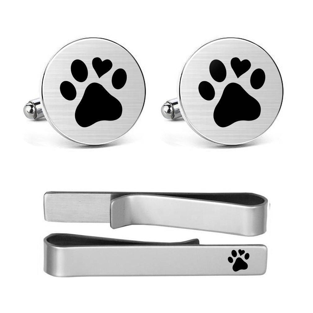 [Australia] - MUEEU Animal Cufflinks Pet Dog Cat Paw Print Round Cuf flink Tie Clips Engraved Personalized Gifts Round Cufflinks and tie clip 