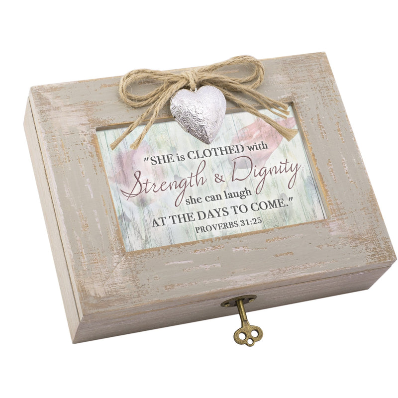 [Australia] - Cottage Garden Clothed with Strength Dignity Natural Taupe Wood Locket Music Box Plays Amazing Grace 