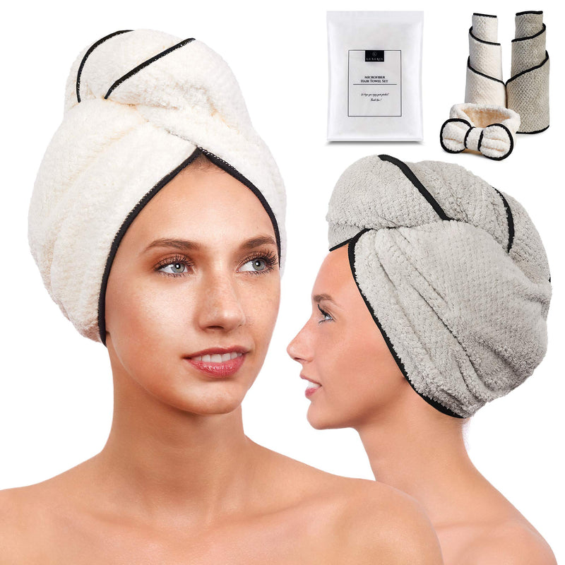 [Australia] - LUXERIS Microfiber Hair Towel for Women - Drying Twist Wrap for Curly, Long, Thin or Short Hair – Ultra Absorbent Anti Frizz Turban for Sleeping and Showering 2 Pack Plus Soft Headband(Ivory/Grey) White/Grey 