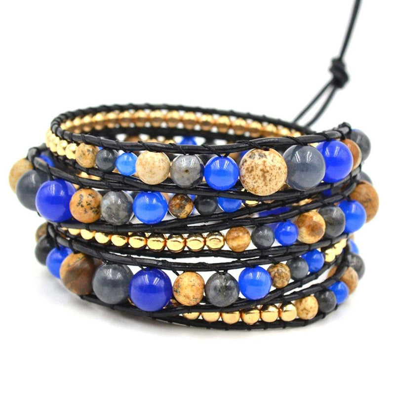 [Australia] - HQLA 3/5 Wrapped Braide Leather Around Bead wrap Bracelets Bangle Cuff with Faceted Mixed Multicolor Natural gem Beads for Women Girls Men 5-wrap copper & mixed stone beads 