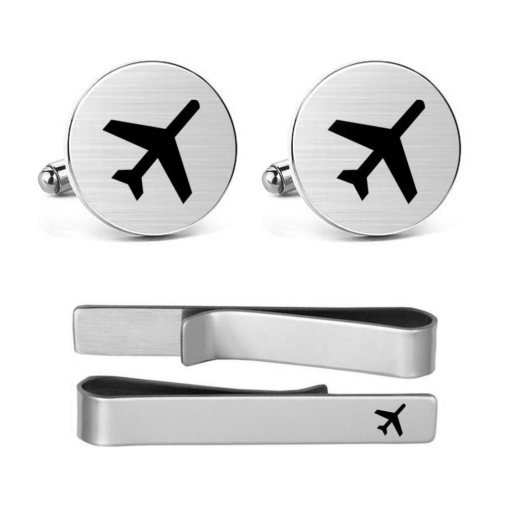 [Australia] - MUEEU Airplane Plane Cufflink Tie Clip Engraved Wedding Birthday Anniversaty Party Groomsman Groom Gift Round Cufflinks and 1 Tie Clip 