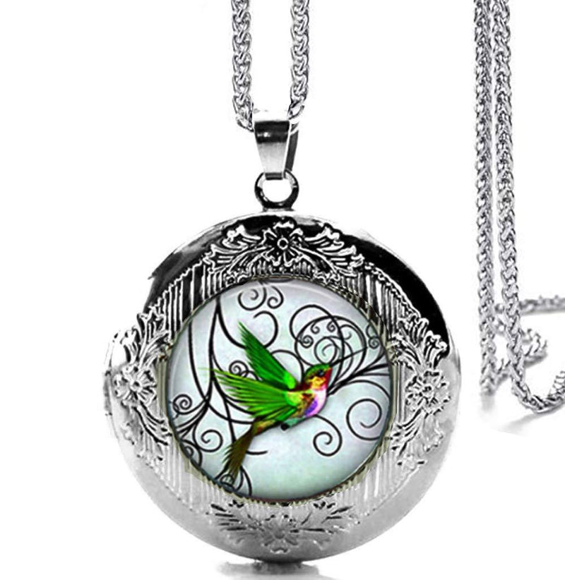 [Australia] - DianaL Boutique Silver Tone Hummingbird Locket Bird Pendant Necklace with a Gift Box 