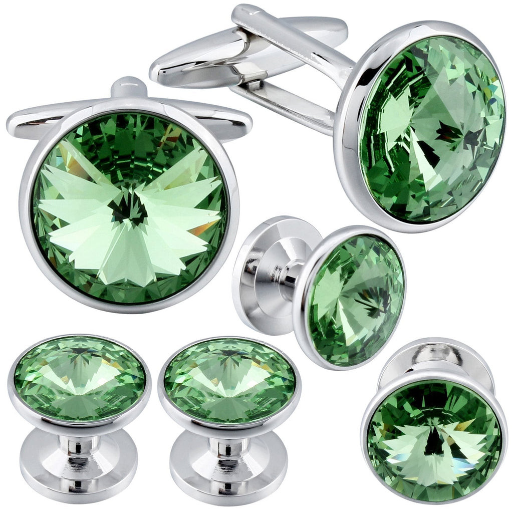 [Australia] - HAWSON Cufflink and Studs Tuxedo Set Silver Color with Swarovski Crystals in Jet Hematite, Dark Blue, Crystal Grey,Purple, Green Green(2 cufflinks & 4 studs) 