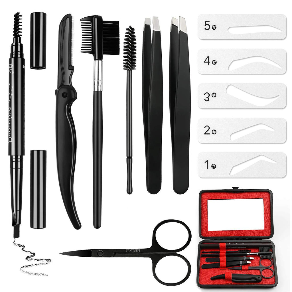 [Australia] - Eyebrow Grooming Suit Kits - 13 PCS Stainless Steel Eyebrow Scissors Utility Tools, Professional Eye Brow Groom Set with Mirror, Eyebrow Tweezers, Shaping Razor, Pen, Brush, DIY Shape Card (BLACK) Black 