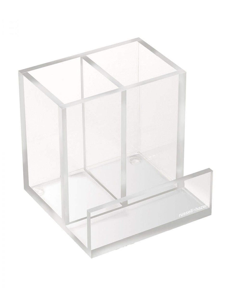 [Australia] - russell+hazel Acrylic Pencil Bloc Two Compartment Pen Cup with Business Card Holder, Clear, 4” x 4” x 4” Dual Pen and Card Holder 