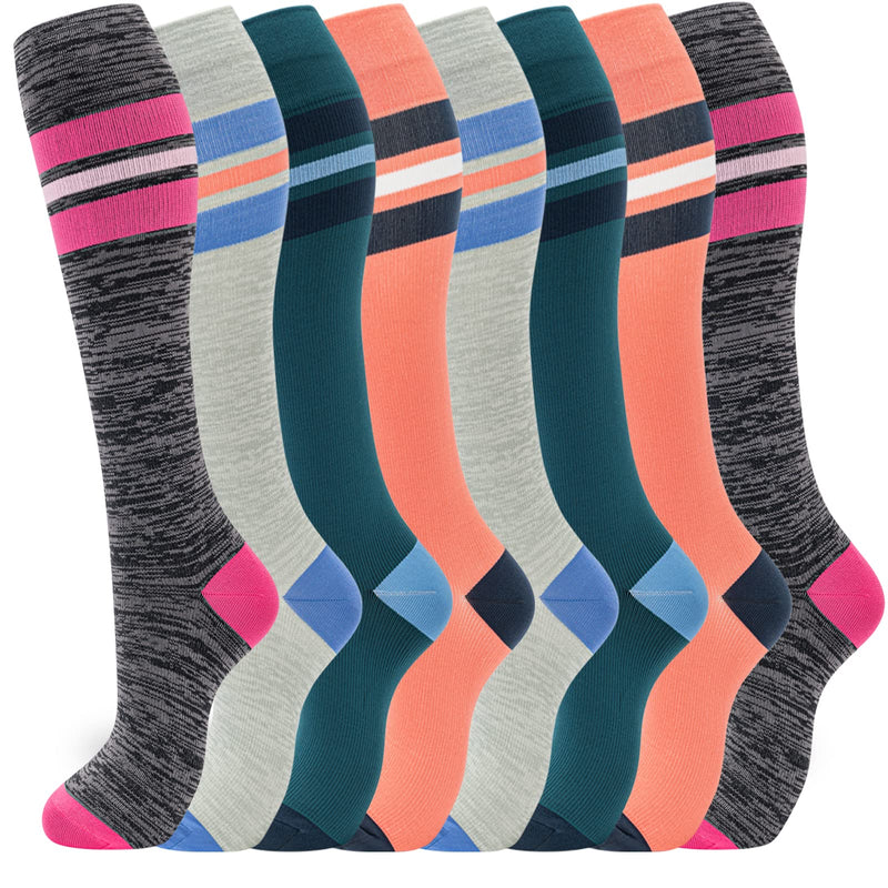 [Australia] - fenglaoda 8 Pairs Compression Socks for Women & Men 20-30 mmHg Knee High Running Nurse Medical and Travel Athletic A-8 Pairs-green/Grey/Orange/Black Strips Large-X-Large 