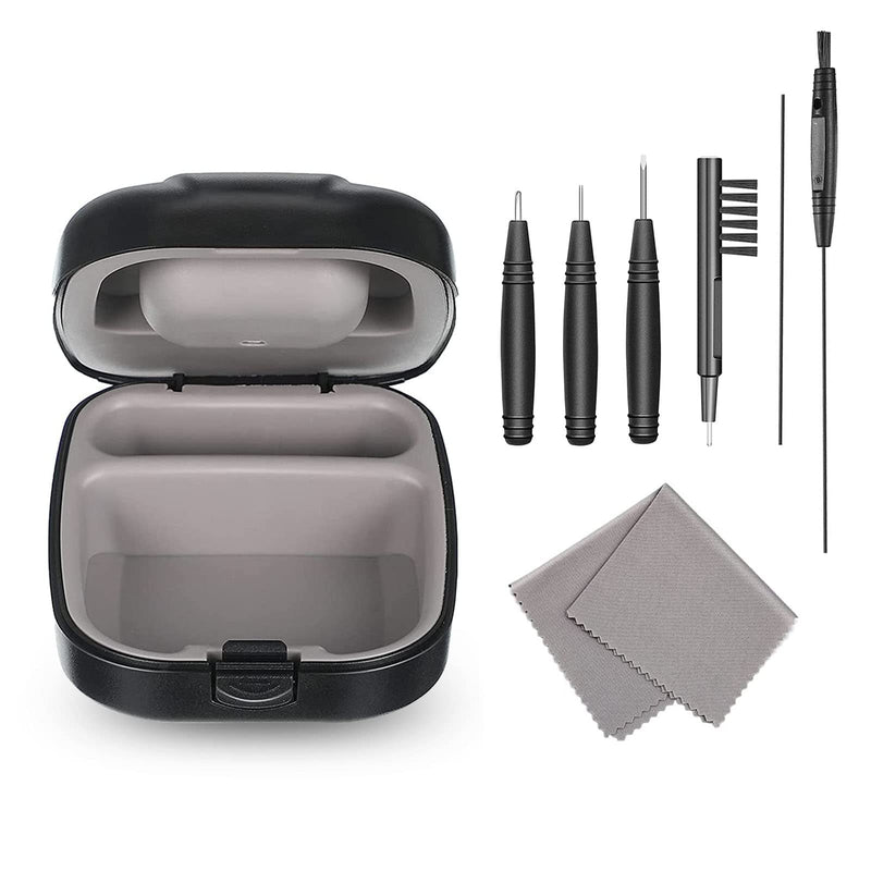 [Australia] - 8 Pieces Hearing Aid Case Pocket Size with Cleaning Cloth Brush Tools for Sound Amplifier(Black) 