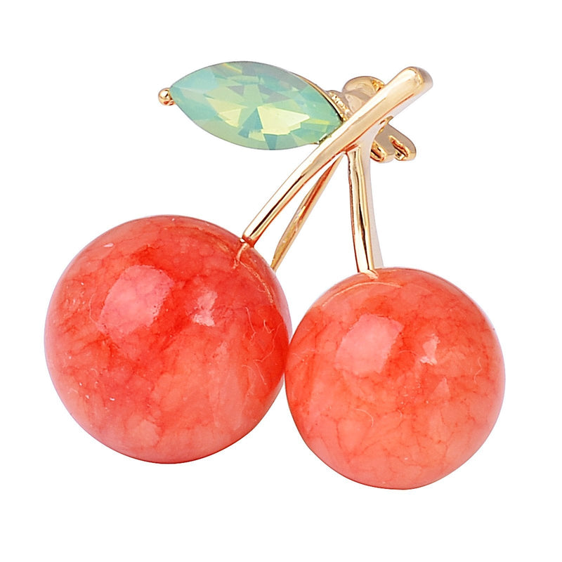 [Australia] - Fenni Cute Red Natural Gemstone Cherry Brooch Pin Crystal CZ Leaf Lapel Pin Party Holiday Jewelry Coral 