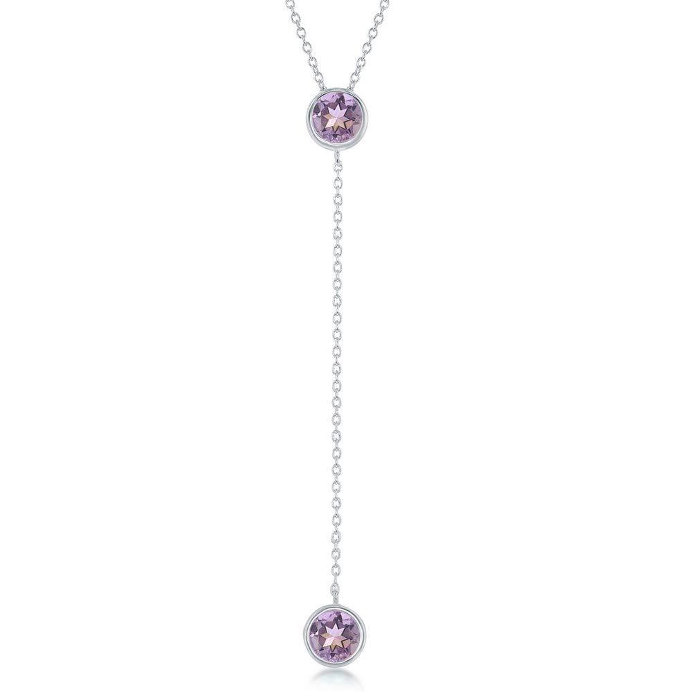 [Australia] - Sterling Silver Round Bezel-Set Blue Topaz or Amethyst Gemstone Lariat 16+2" Necklace 