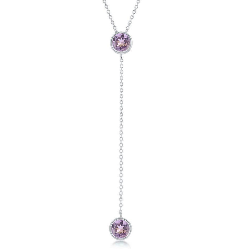 [Australia] - Sterling Silver Round Bezel-Set Blue Topaz or Amethyst Gemstone Lariat 16+2" Necklace 