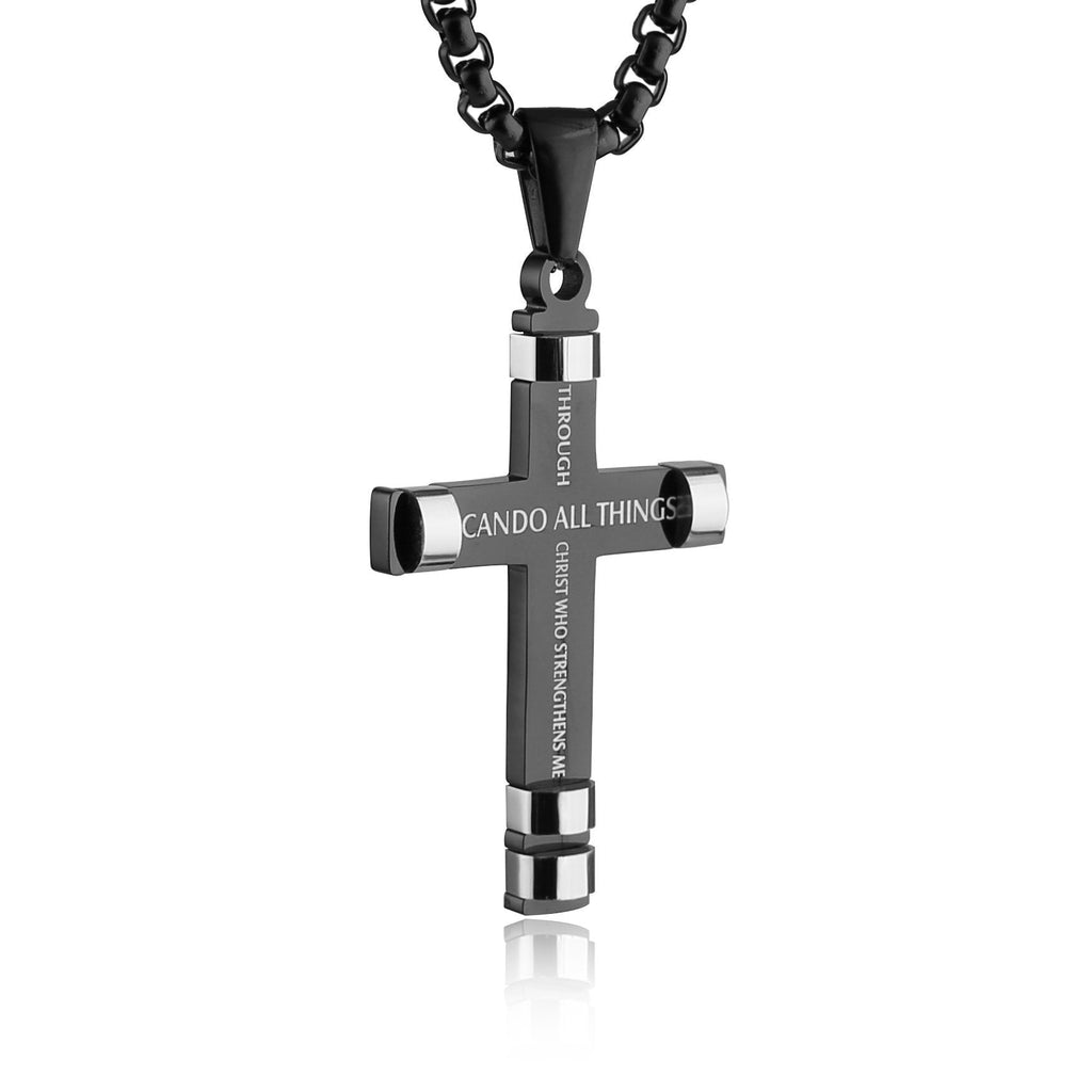 [Australia] - HZMAN Philippians 4:13 Cross Pendant STRENGTH Bible Verse Stainless Steel Necklace 3 Colors Available Black 