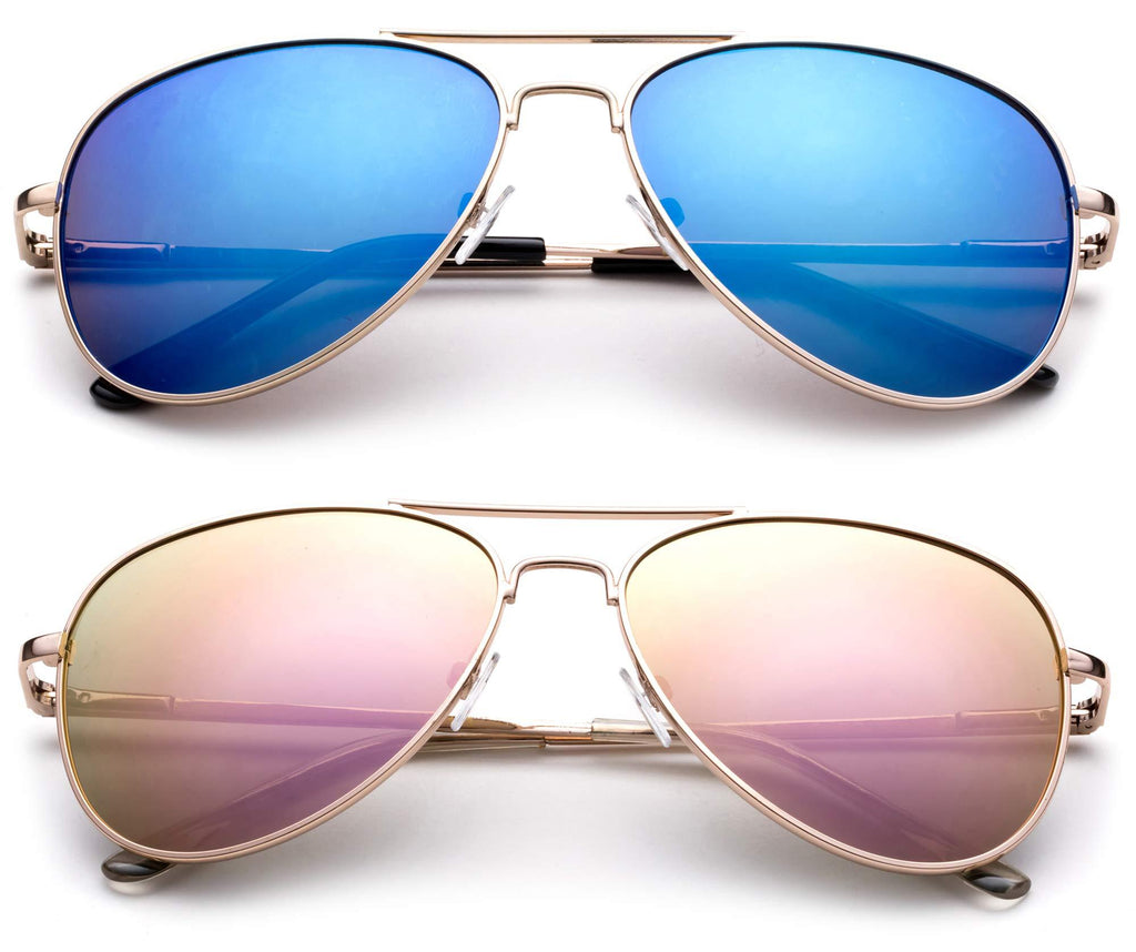 [Australia] - Polarized Kids Teens Juniors Aviator Polarized Sunglasses Stainless Steel Frame Spring Hinge UV Protection 2 Pack- Blue Flash & Pink Flash 