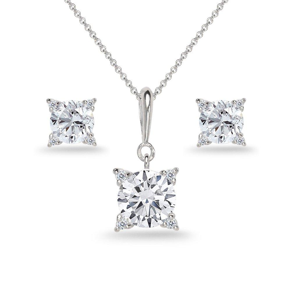 [Australia] - Sterling Silver Cubic Zirconia Studded Solitaire Necklace & Stud Earrings Set sterling-silver 