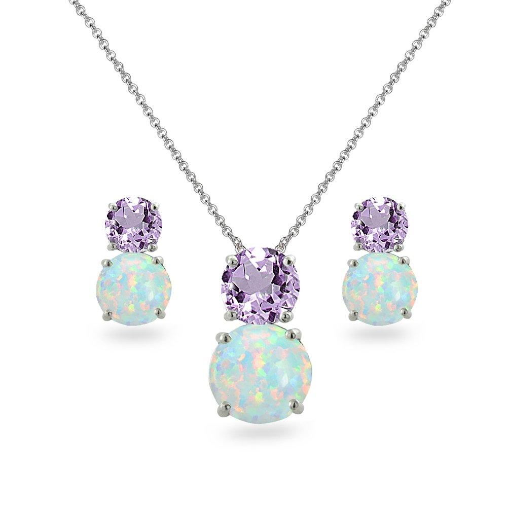 [Australia] - Sterling Silver Genuine, Simulated or Created Gem & Synthetic Opal Double Round Stud Earrings & Necklace Set Amethyst 