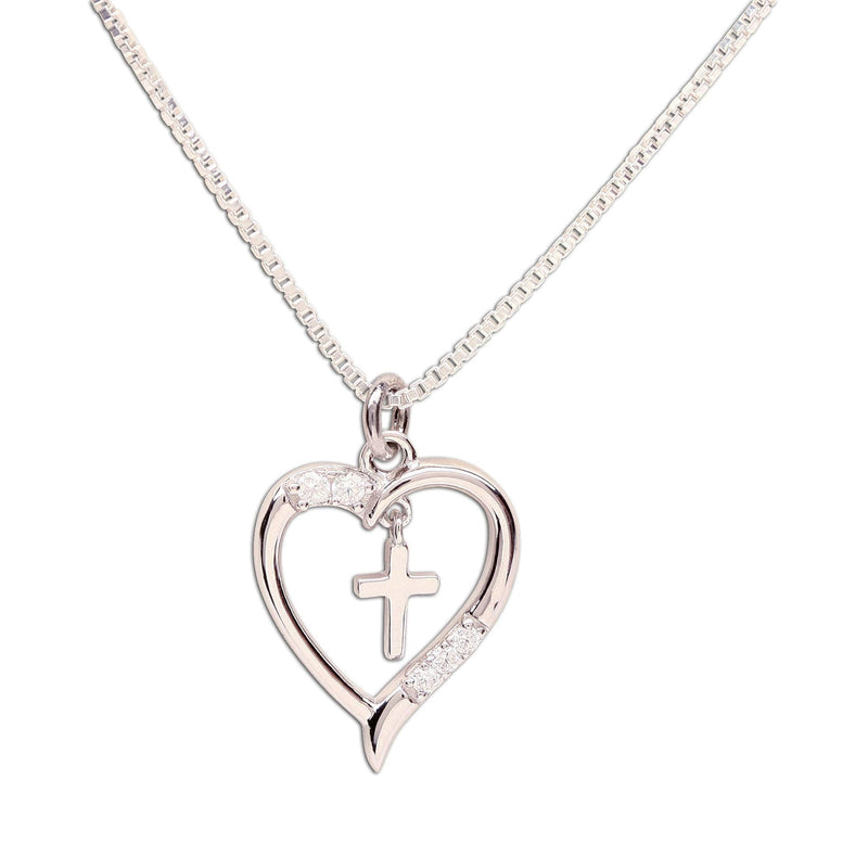 [Australia] - Girl's Sterling Silver First Communion"Dancing Cross" Heart Necklace 16-18 Inch (Adjustable) 