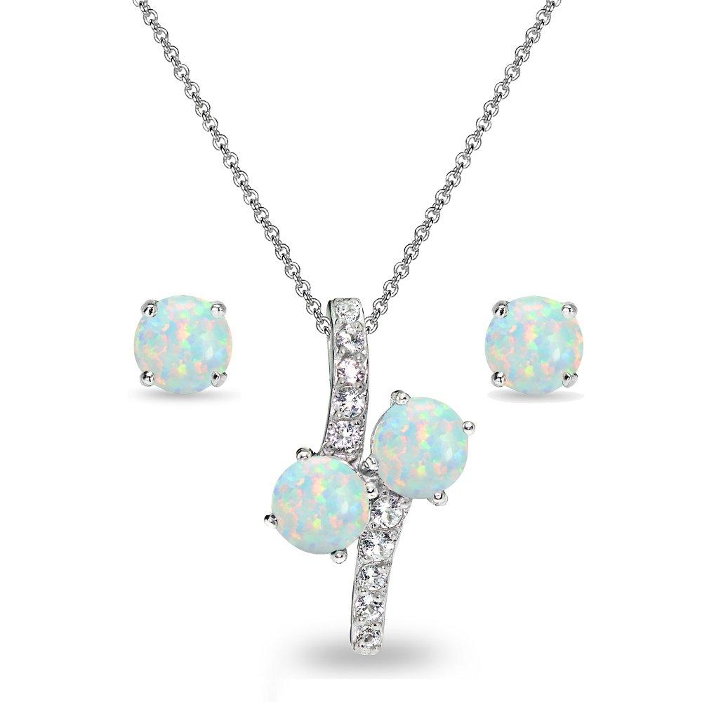 [Australia] - Sterling Silver Genuine, Created, or Simulated Gemstone Round Stud Earrings & Friendhip Necklace Set Synthetic White Opal 