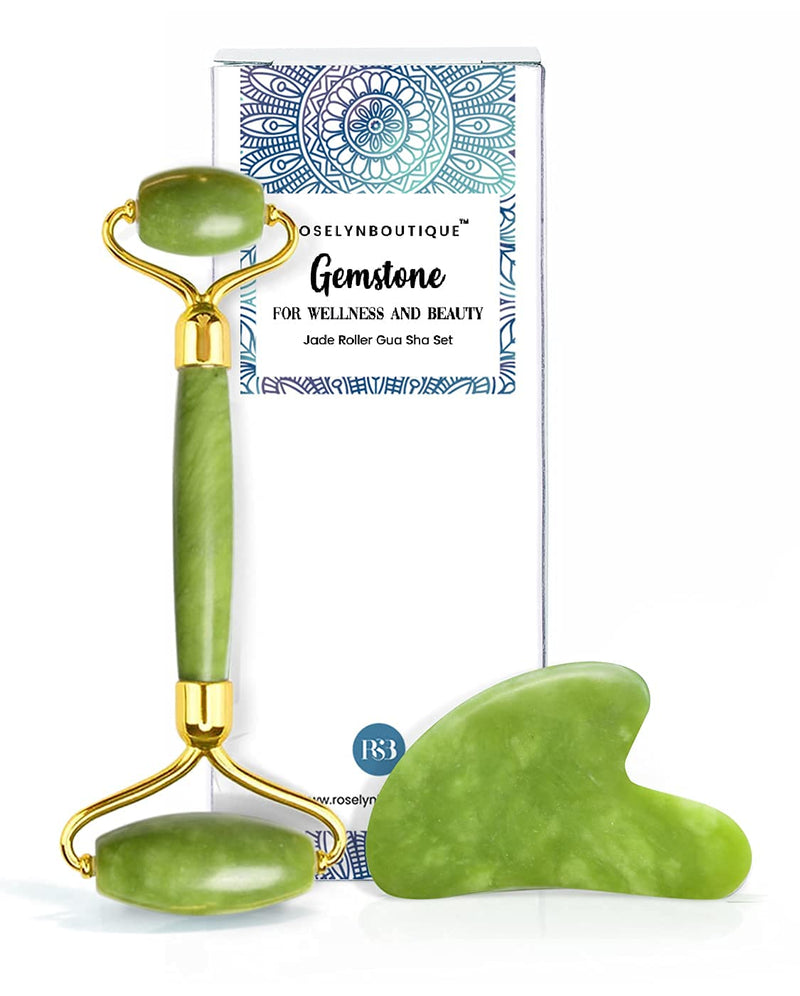 [Australia] - RoselynBoutique Jade Roller Gua Sha Massage Tool Set - Beauty Facial Skin Roller Massager Muscle Relaxing Relieve Wrinkles - Original Natural Jade Stone… Green 