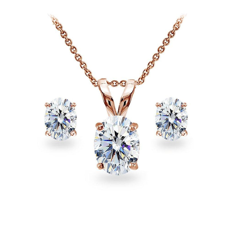 [Australia] - Sterling Silver Oval Solitaire Stud Earrings & Necklace Set Made with Swarovski Zirconia rose-gold-flashed-silver 