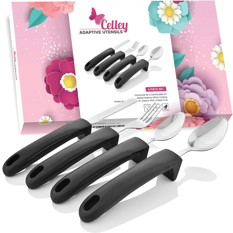[Australia] - Adaptive Eating Utensils by Celley for Parkinson's, Arthritis, MS, Elderly, Hand Tremors, Handicapped | 4pc Easy Grip Silverware Stainless Steel Knife, Fork, 2 Spoons – (Black) Black 