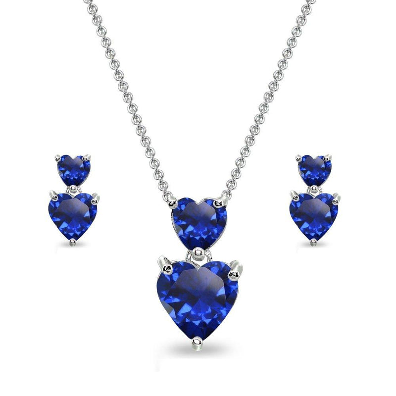 [Australia] - Sterling Silver Genuine, Created or Simulated Gemstone Double Heart Friendship Necklace & Stud Earrings Set Created Blue Sapphire 
