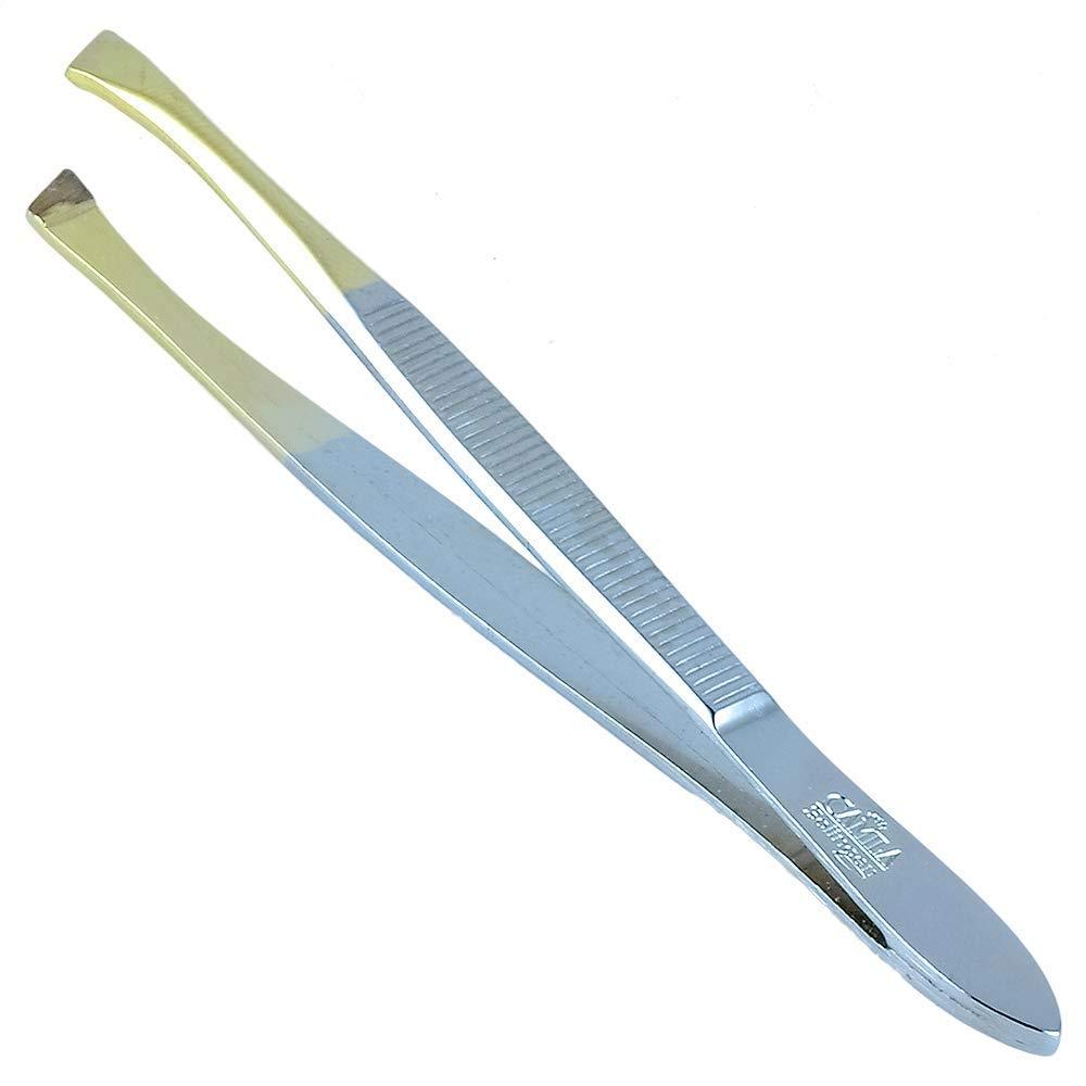 [Australia] - Camila Solingen CS29 3 1/2" Gold Tipped, Surgical Grade, German Stainless Steel Tweezers (Slanted) - Flawless Eyebrow and Facial Hair Shaping and Removal for Men/Women Slanted 